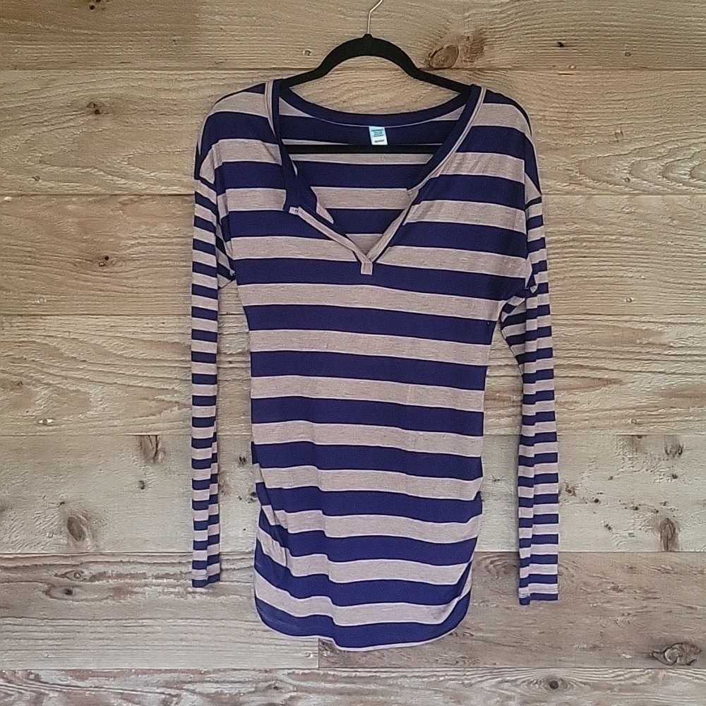Old Navy Maternity Long Sleeve Split Neck Brown and Blue Stripes XSmall